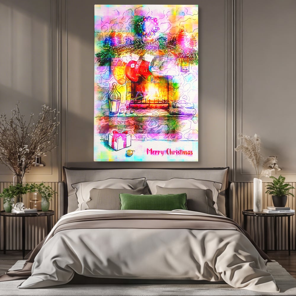 Tablou canvas cu tablou canvas cu peisaj festiv de craciun, fara rama, pe sasiu de lemn, pe perete intr-un dormitor